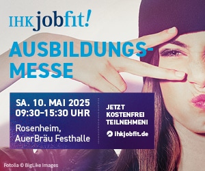 Half of a young woman's face holding up two fingers around her eye and text that reads 'IHKjobfit! Ausbildungs Messe'