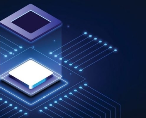 Graphic of a semiconductor ship with a frame of the chip hovering above the main chip components in a blue background