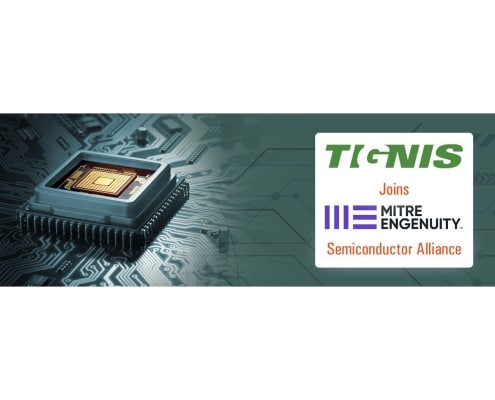 A 3D computer chip on a base on top of a circuit board with a greenish gray overlay. To the right reads 'Tignis joins Mitre Engenuity Semiconductor Alliance'