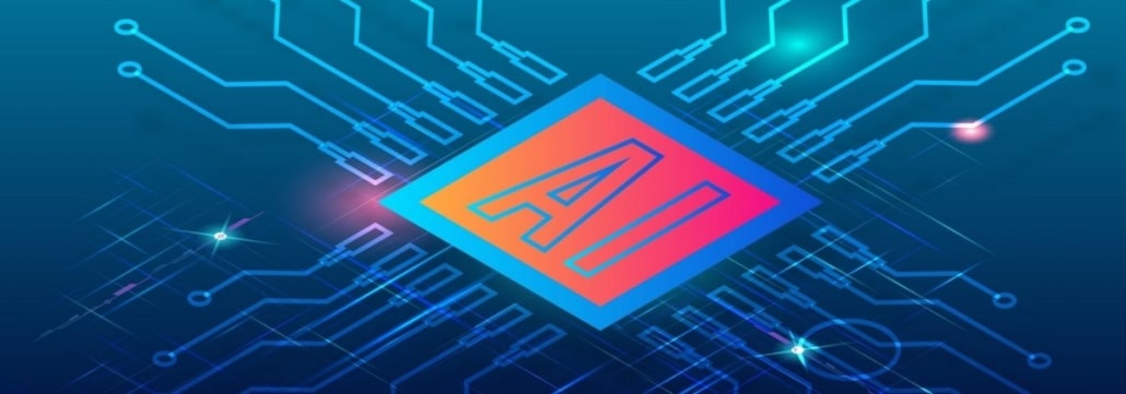 Graphic illustration of a computer ship with a blue background and 'AI' in the center of the chip