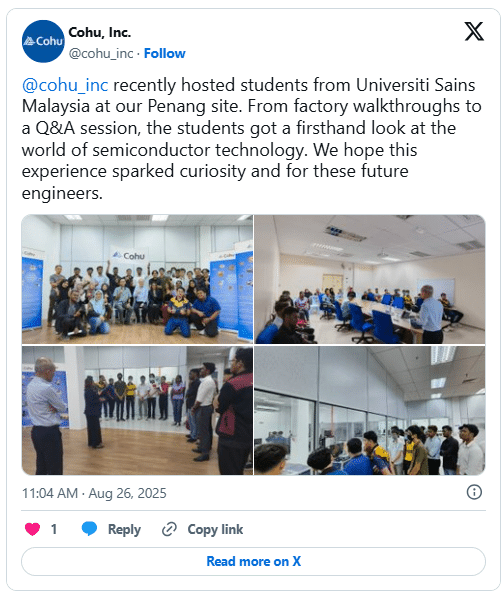 A screenshot of a tweet or post from X. The post is from Cohu and it describes the company's attendance at Semicon Korea with text o nthe top half describing the event and an image stating their attendance.